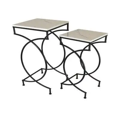Orren Ellis Set Of 2 Plant Stand Tables, Square Marble Top, Geometric, Black Metal