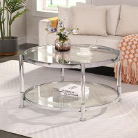 Wrought Studio Contemporary Silver Coffee Table, Round Coffee Table With Tempered Glass Top, 33 Inch Round Sofa Table, C