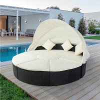 Latitude Run® Outdoor Patio Round Daybed With Retractable Canopy Rattan Wicker Furniture Sectional Seating Set