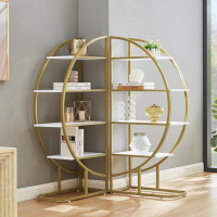 Mercer41 4 Tiers Home Office Open Bookshelf, Round Shape, Different Placement Ways, MDF Board, Gold Metal Frame, White