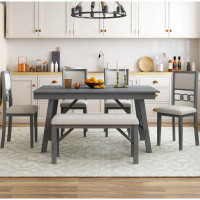 Latitude Run® Farmhouse Solid Wood 6-Piece Dining Table Set Rectangular Kitchen Table Set With Upholstered Chairs And Be