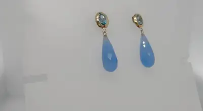 #313 - 14k Yellow Gold, Custom Drop Earrings, Blue Topaz &amp; Blue Jadeite