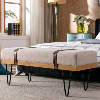 17 Stories Linen Fabric Upholstered Rectangle Bench With Metal Legs And Solid Wood Frame,Beige