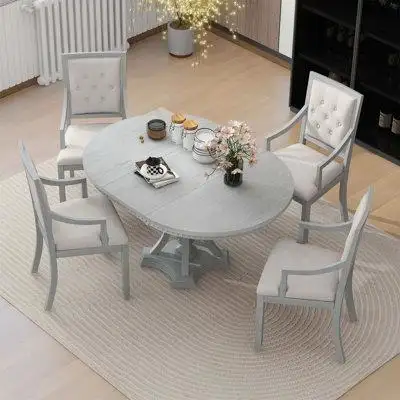 One Allium Way Retro 5-Piece Dining Set Extendable Round Table And 4 Chairs For Kitchen Dining Room