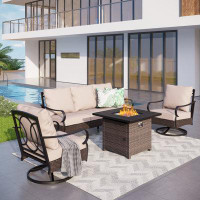 Lark Manor 5-Person Swivel Outdoor Conversation Set with Fire Pit Table & Ottomans