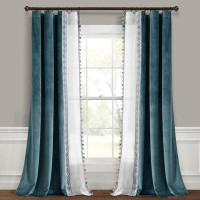 Bungalow Rose Luxury Vintage Velvet And Sheer With Border Pompom Trim Window Curtain Panel Blue Single 42X84