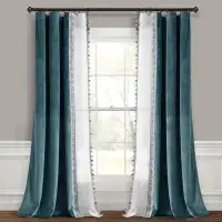 Bungalow Rose Luxury Vintage Velvet And Sheer With Border Pompom Trim Window Curtain Panel Blue Single 42X84