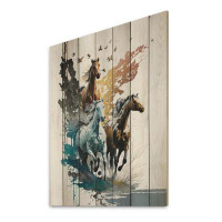 Union Rustic Three Horse Stampede - Animals Horse Print on Natural Pine Wood