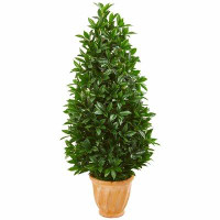 Alcott Hill 4.5ft. Bay Leaf Cone Topiary Artificial Tree in Terra Cotta Planter UV Resistant (Indoor/Outdoor)
