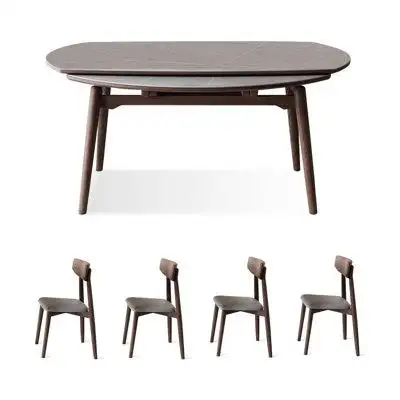WONERD 4 - Person Grey Rock Beam + Solid Wood Dining Table Set
