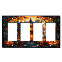 WorldAcc Metal Light Switch Plate Outlet Cover (Halloween Spooky Pumpkin Manor House - Quadruple Rocker)