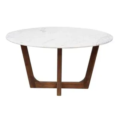 Orren Ellis Anousha 36 Inch Coffee Table, Round White Marble, Cross Base, Brown Acacia Wood