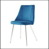 Mercer41 Modern Simple Velvet Blue Dining Chair Home Bedroom Stool Back Dressing Chair Student Desk Chair Chrome Metal L