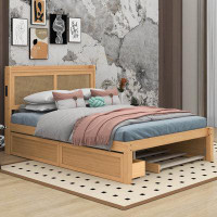 Red Barrel Studio Queen Size Elegant Bed Frame With Rattan Headboard And Sockets