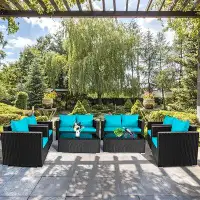 Latitude Run® 8pcs Rattan Patio Conversation Set Outdoor Furniture Set W/ Turquoise Cushions