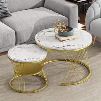 Wenty 27.5'' & 17.7'' Nesting Coffee Table With Marble Grain Table Top, Golden Iron Frame Round Coffee Table, Set Of 2,