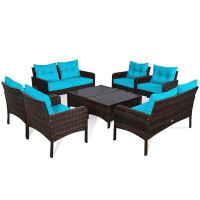 Zipcode Design™ Zipcode Design™ 8pcs Patio Rattan Furniture Set Loveseat Sofa Coffee Table W/turquoise Cushion