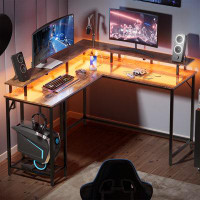 Ebern Designs Zekiyah 53.6'' L-Shaped Accent Gaming Desk, L-Desk with LED Light, Computer Desk with Hooks