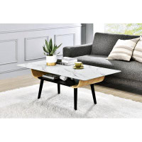 Ivy Bronx Kregg Coffee Table With Glass Marble Texture Top And Bent Wood Design