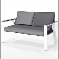 Ebern Designs Small Patio Dual Reclining Sofa Grey Aluminum Outdoor Couch With Wod Grain Arm