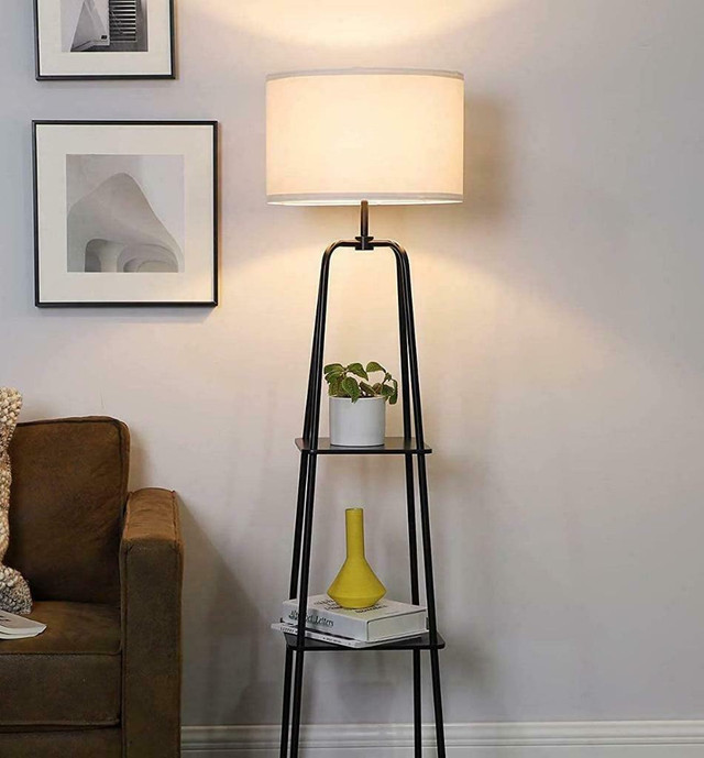 Black Modern Floor Lamp Storage Display Shelf Bookshelf Metal Wood Table Desk Lamps in Indoor Lighting & Fans
