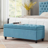 Alcott Hill Upholstered Tufted Button Storage Bench ,Linen Fabric Entry Bench With Spindle Wooden Legs, Bed Bench