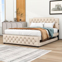Red Barrel Studio Queen Size Upholstered Platform Bed with Twin Size Trundle and USB Ports