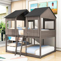 Harper Orchard Pittsburg Kids Full Over Full Wood Bunk Bed with Roof and Ladder