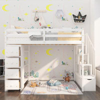 Harriet Bee Wooden Loft Bed  Twin Size Loft Bed With Storage Drawers Shelves And Stairs For Kids Teens Girls Boys, No Bo