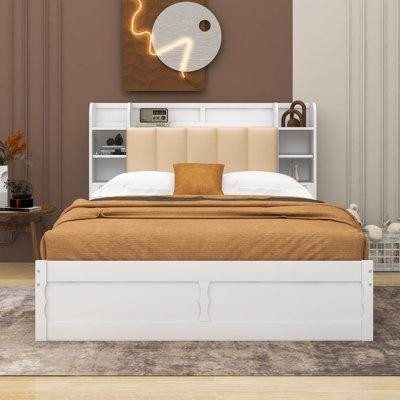 Red Barrel Studio Wood Queen Size Platform Bed with Storage Headboard, Shelves and 2 Drawers in Beds & Mattresses