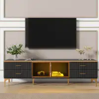 Mercer41 Elegant LED TV Stand: Marble-Veined Table Top, Glass Storage Cabinet TVs Up to 78''