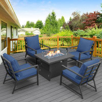 Latitude Run® Jadaine Luxury 5 Piece Aluminum Outdoor Complete Patio Set with Fire Pit Table and Cushions