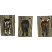 Latitude Run® Set Of 3 Rustic Western Steer Bulls Hind Butt Coat Wall Hooks With Wooden Plaque
