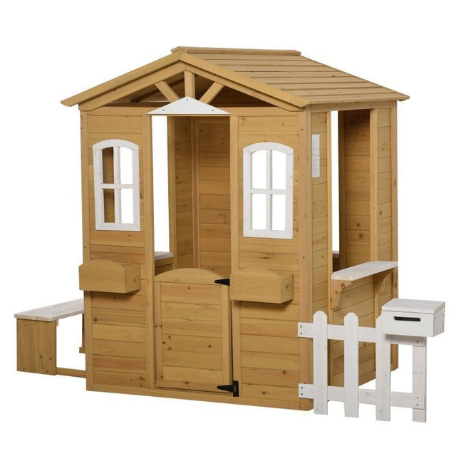PLAYHOUSE FOR KIDS OUTDOOR WITH DOOR WINDOWS MAILBOX FLOWER POT HOLDER SERVING STATION BENCH NATURAL in Toys & Games