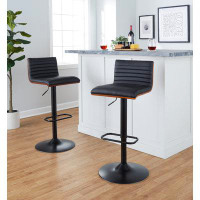 LumiSource Mason Contemporary Adjustable Barstool With Swivel In Black Metal, Walnut Wood And Black Faux Leather With Ro