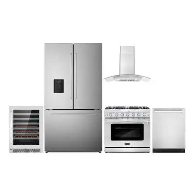 Cosmo 5 Piece Kitchen Package With 36" Freestanding Gas Range 36" Wall Mount 24" Built-in Fully Integrated Dishwasher Fr