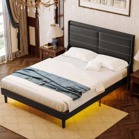 Latitude Run® Queen Size PU Leather Upholstered Bed Frame Platform Bed With Lights Stitched Wing-Backed Headboard Strong