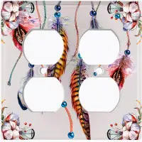 WorldAcc Metal Light Switch Plate Outlet Cover (Colourful Feather Dream Catcher White  - Double Duplex)