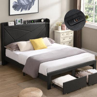 Ebern Designs Queen Bed Frame, Storage Headboard With Charging Station, Solid And Stable, Noise Free, No Box Spring Need