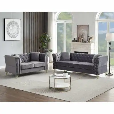 Rosdorf Park Sectional Velvet Tufted Couch With Four Pillows