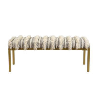 Bungalow Rose Graciani Modern Grey/Cream Striped Fringe Upholstered Accent Bench
