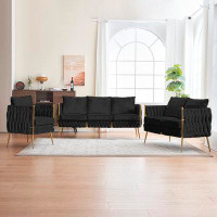 Everly Quinn Black Velvet 3-piece Sofa Set: Loveseat, 3-seat Couch, Single Chair, Handmade Woven Back, Sturdy Metal Legs