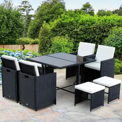 9pc Compact PE Rattan Wicker Dining Table Set w/ Cushions for Outdoor Patio - Black & White