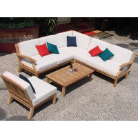 Teak Smith Sectional 5 Pc Sofa Set: 2 Sofas, Corner, Lounge Chair&CoffeeTable + Sunbrella #57003 White Cushions-33" H x