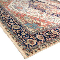 Pasargad Serapi Hand-Knotted Wool Oriental Area Rug in Ivory/Navy/Red-Orange