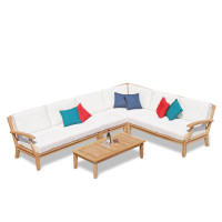 Teak Smith Sectional 5 Pc Sofa Set: 2 Sofas, Corner, LoungeChair&CoffeeTable + Sunbrella #5404 Natural Cushions-33" H x