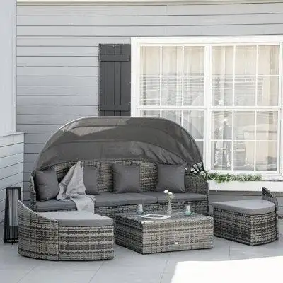 Ebern Designs Latitude Run® 4 Pieces Patio PE Wicker Lounge Set, Outdoor Rattan Garden Conversation Furniture Set, Round