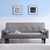 Hokku Designs Hokku Designs 72" Linen Square Arm Futon Convertible Sleeper Sofa, Button Tufted, 2 Pillows, Dark Grey