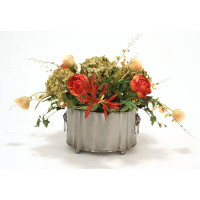Distinctive Designs Mixed Rust, Gold and Green Peonies, Hydrangea and Tulips in Oval Metal Planter