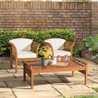 Alaterre Stamford 49" Wide Solid Wood Outdoor Rectangular Coffee Table and 2 Chairs with Cushions